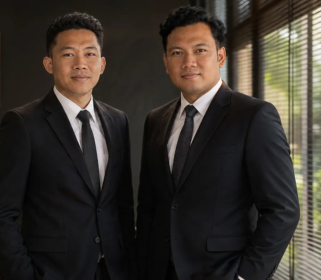 Two lawyers in dark suits and ties standing in an office